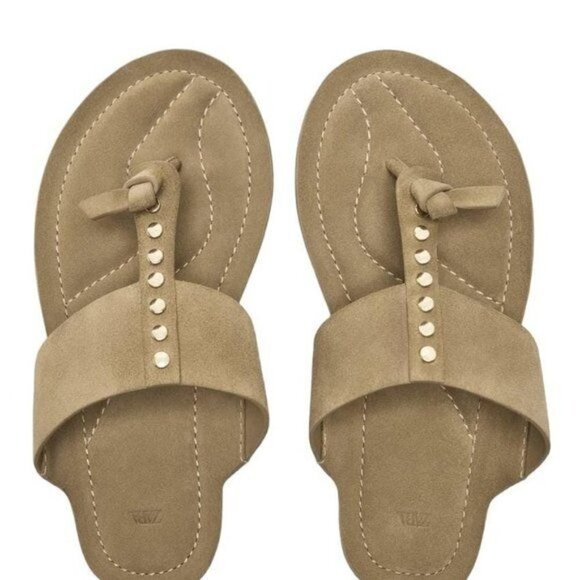 ZARA FLAT SPLIT SUEDE SLIDER SANDALS WITH STUDS Beige SIZE 10 | 1631/110/102 - Picture 1 of 9